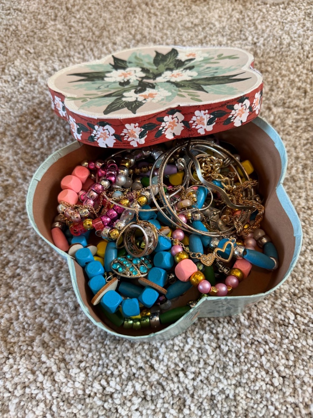 Assorted Colorful Beaded Jewelry Lot in Floral Trinket Box